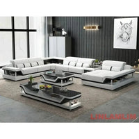 Minimalist Leather Sectional Sofa Set with Storage, Glass Coffee Table & TV Stand for Living Room