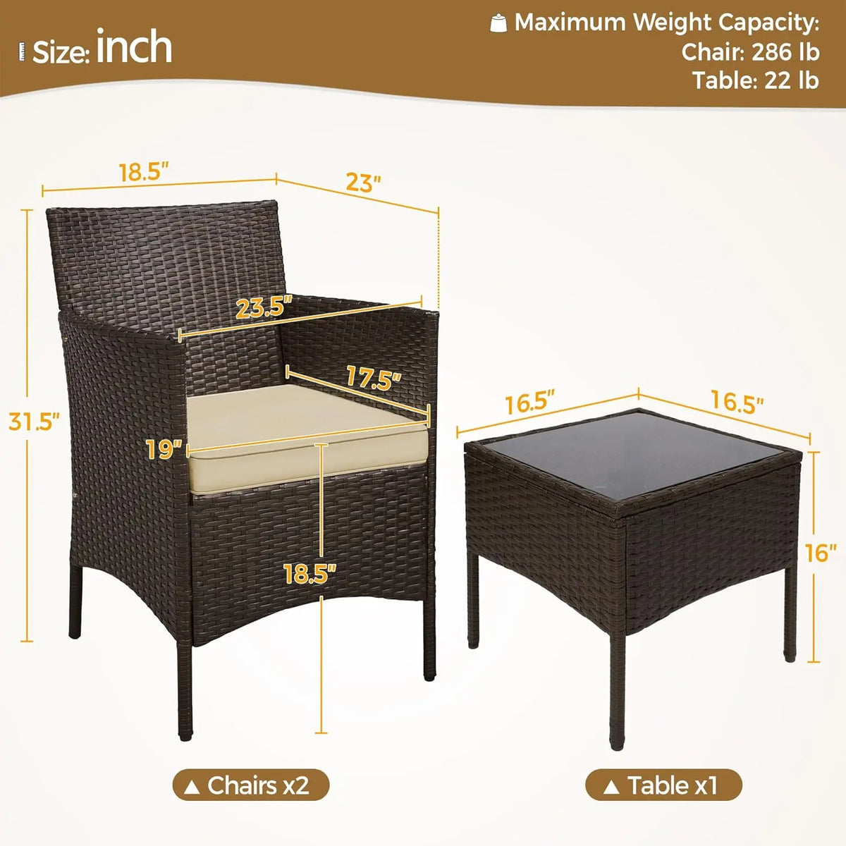 3 Pieces Patio Porch Furniture Set Outdoor PE Rattan Wicker Conversation Set with Soft Cushions Glass Coffee Table 2 Chairs for