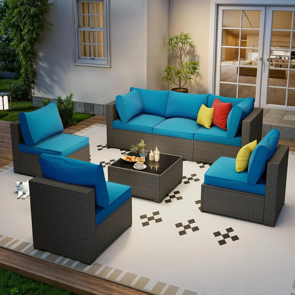Seven Piece Patio Set, Rattan Wicker Sectional Sofa, Modern Modular Conversation Furniture