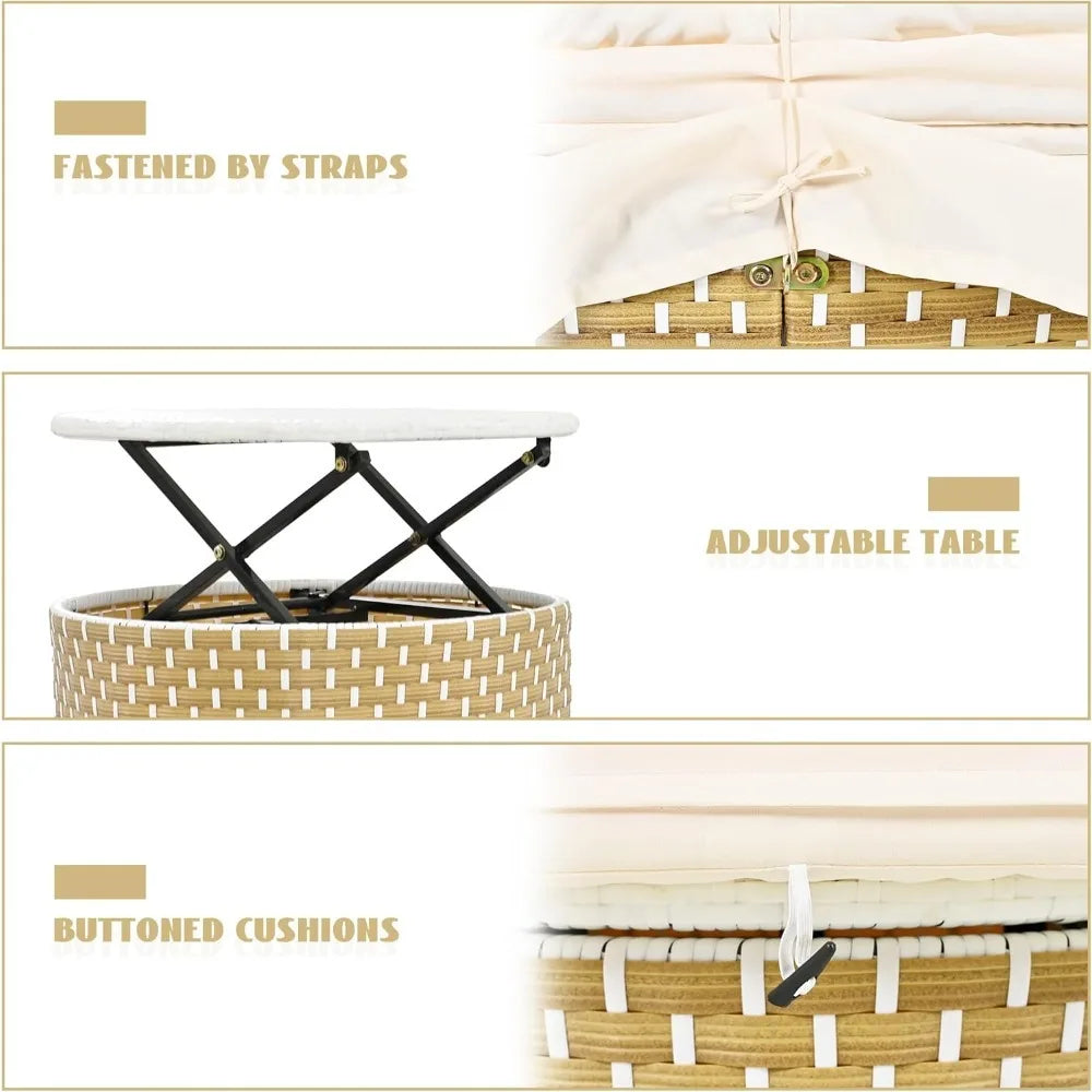 Outdoor Round Rattan Daybed with Retractable Canopy and Adjustable Table Patio Furniture Set Beige