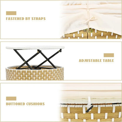 Outdoor Round Rattan Daybed with Retractable Canopy and Adjustable Table Patio Furniture Set Beige