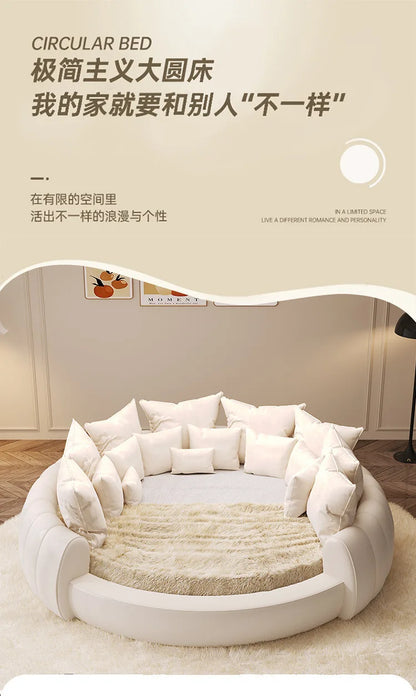 X 2.2×2m Master Bedroom Big Round Bed Modern Hotel Guest House Cream Wind Luxury White Leather Full Bed Frame Lazy Cloud Section