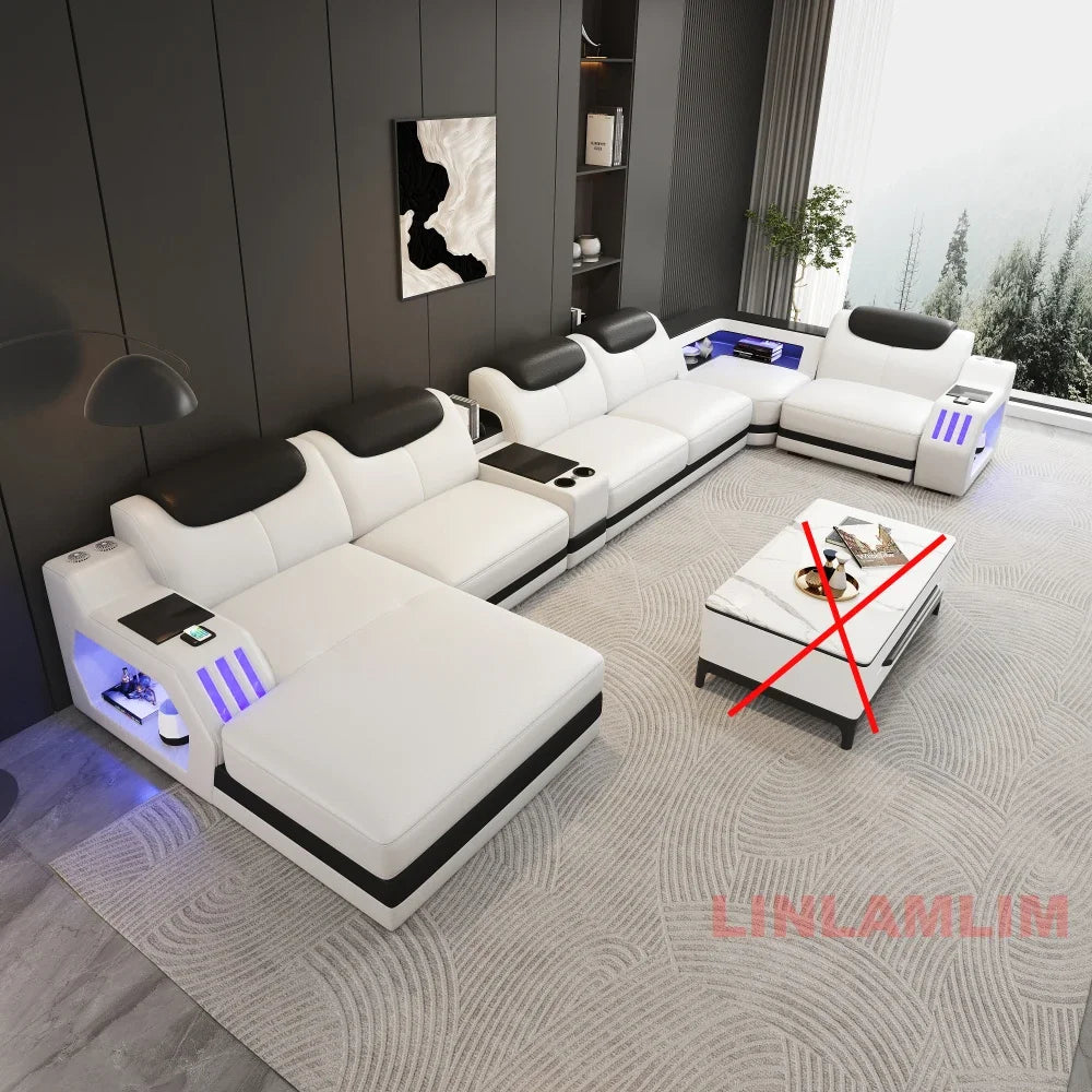 Modern Genuine Leather Massage Sectional Sofa Bed with Adjustable Headrests & LED Lights, Recliner Couch Set with Storage & USB