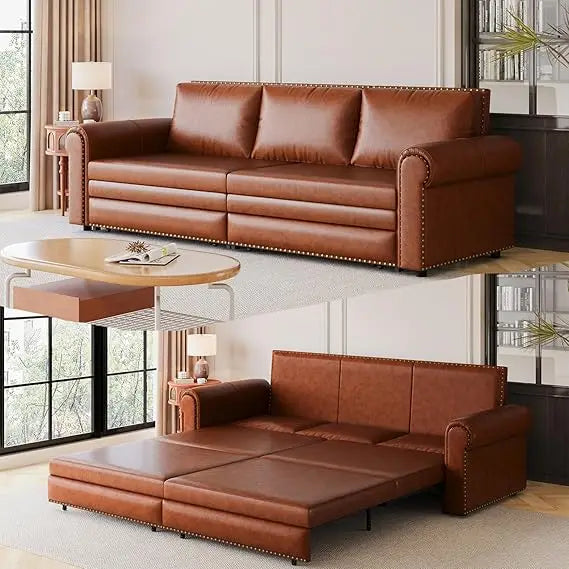 King Size 3 Seater Light Brown Leather Sleeper Sofa with Pull Out Bed and 3-in-1 Convertible Features