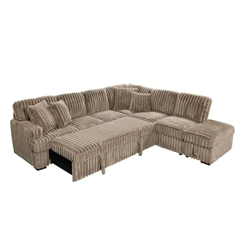 L-Shaped Corduroy Sleeper Sofa Bed with Storage Ottoman & Pull-Out Bed for Living Room, Brown Sectional Couch