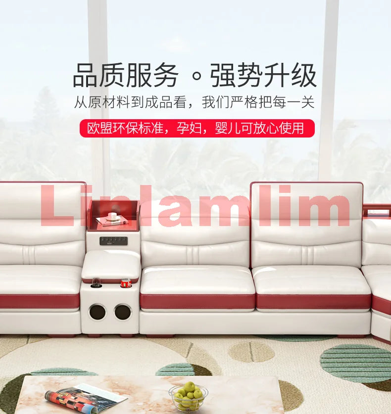MANBAS Italian Cow Genuine Leather Couch Set Big Sofas Modernos Para Sala with Speaker, Bluetooth Audio, USB Charging,Storage