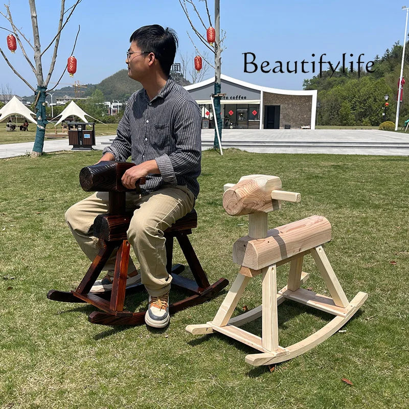 Anti-corrosive solid wood rocking horse carbonized wood rocking chair adult decoration kindergarten outdoor toy Trojan horse
