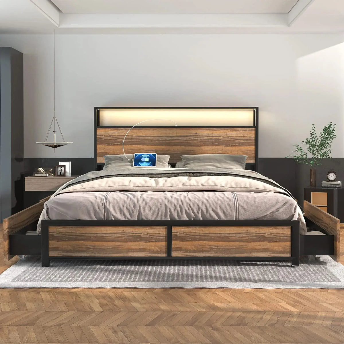 LED Bed Frame Full/QueenKing Size with 2 USB Ports and Outlets, Platform Metal Bed Frame with 4 Storage Drawers and Headboard