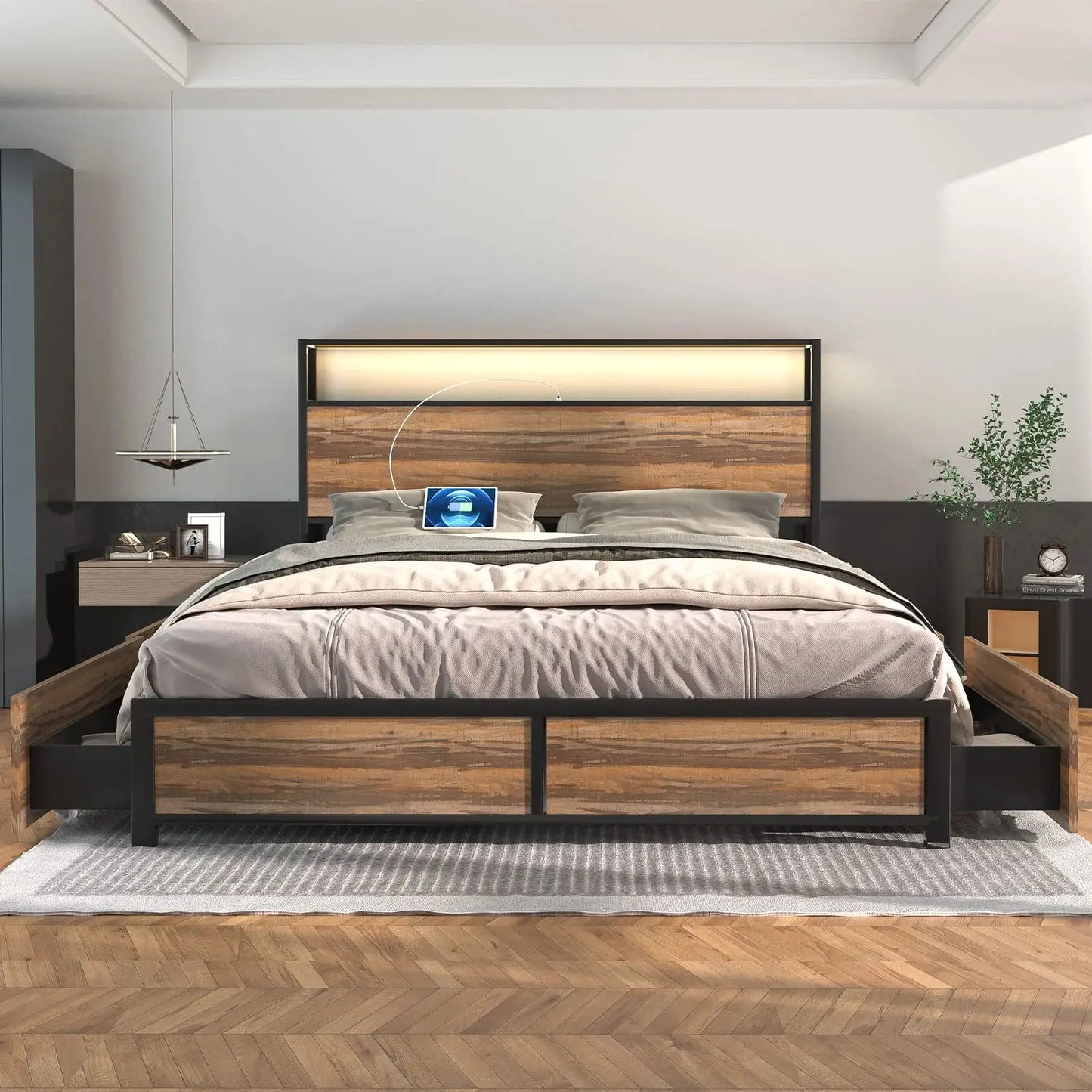 LED Bed Frame Full/QueenKing Size with 2 USB Ports and Outlets, Platform Metal Bed Frame with 4 Storage Drawers and Headboard