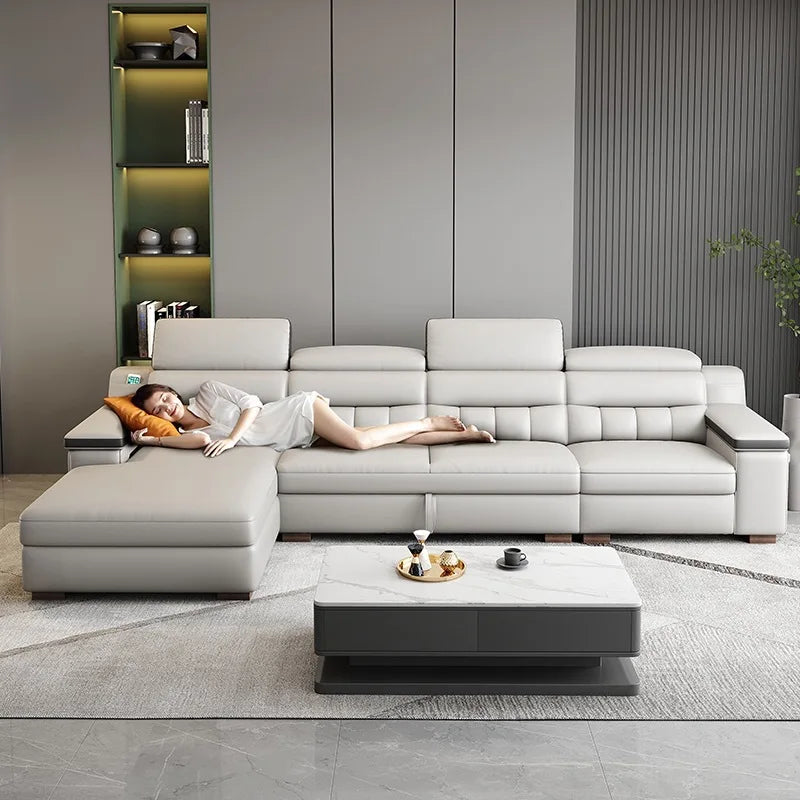 Electric function, leather sofa bed, first layer cowhide, small apartment, living room, modern, simple