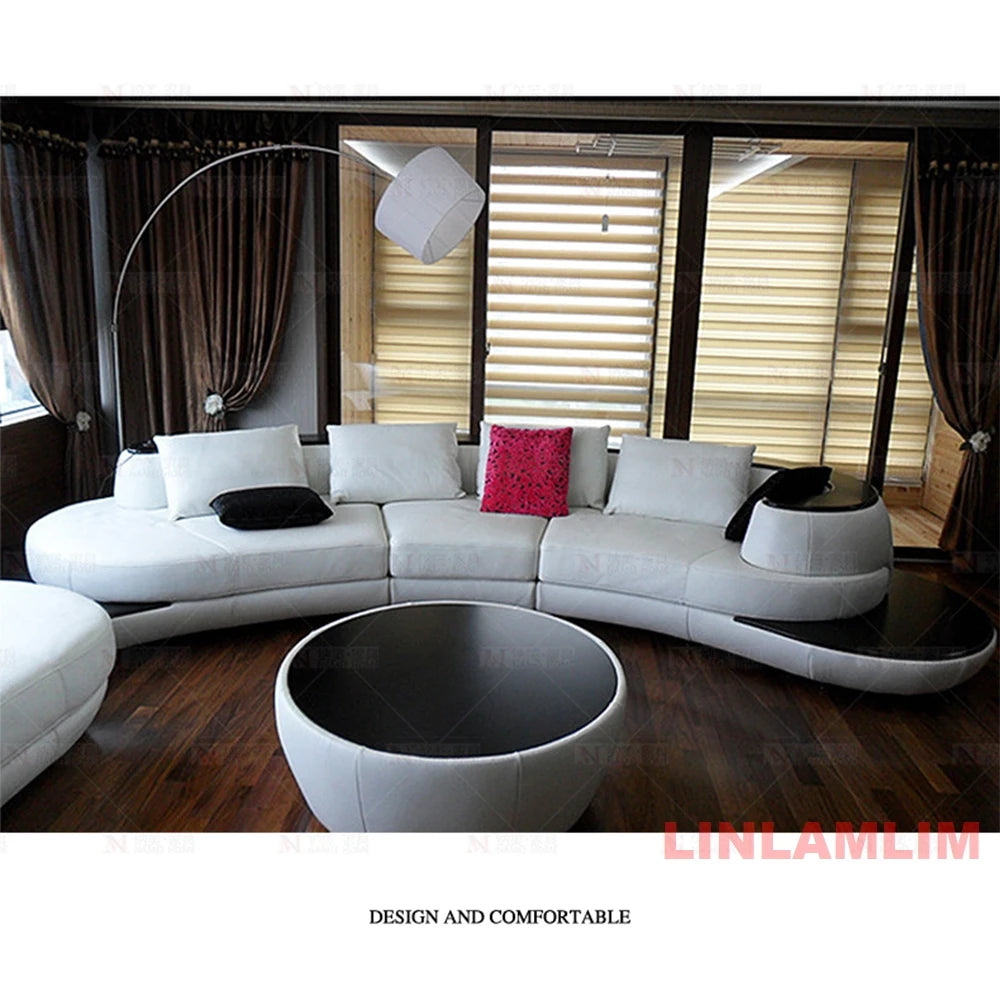 Luxury Modern Curved Genuine Leather Sofa Sectional Couch White and Black Design Living Room Contemporary Home Decoration