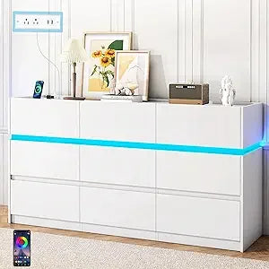 Black Dresser 9 Drawers - 61.4 Wide Chest of Drawer Organizer with Charging Station and LED Lights, Modern TV Stand Drawer Cabin