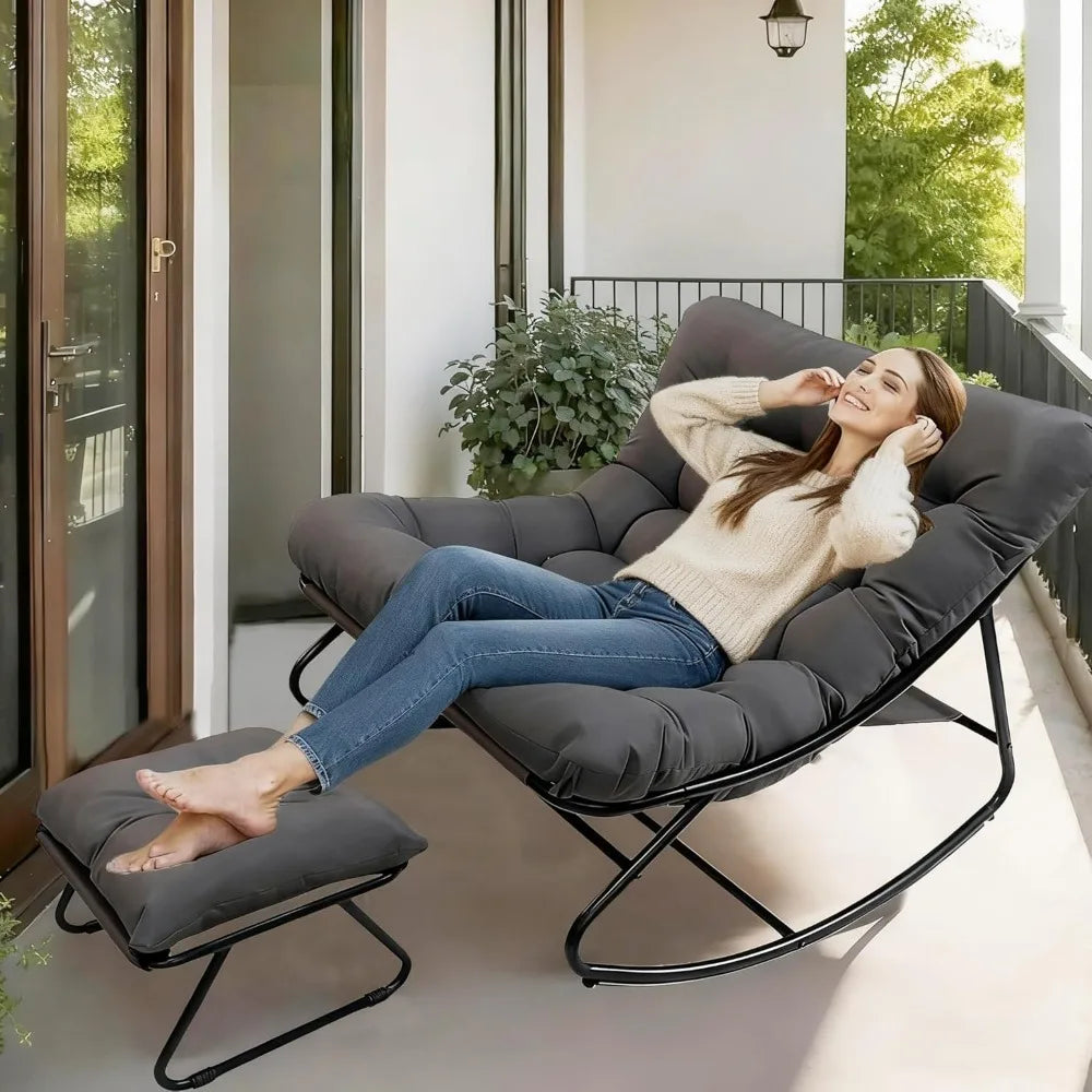 Oversized Patio Rocking Chair with Ottoman, Comfy Lounge Rocker Chair, Outdoor and Indoor Rocking Chairs with Deep Cushion, Meta