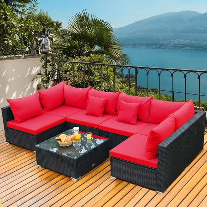 7 Piece Patio Furniture Set, Outdoor Sectional Sofa w/Pillows and Cushions, Wicker Sofa Conversation Set with Coffee Table