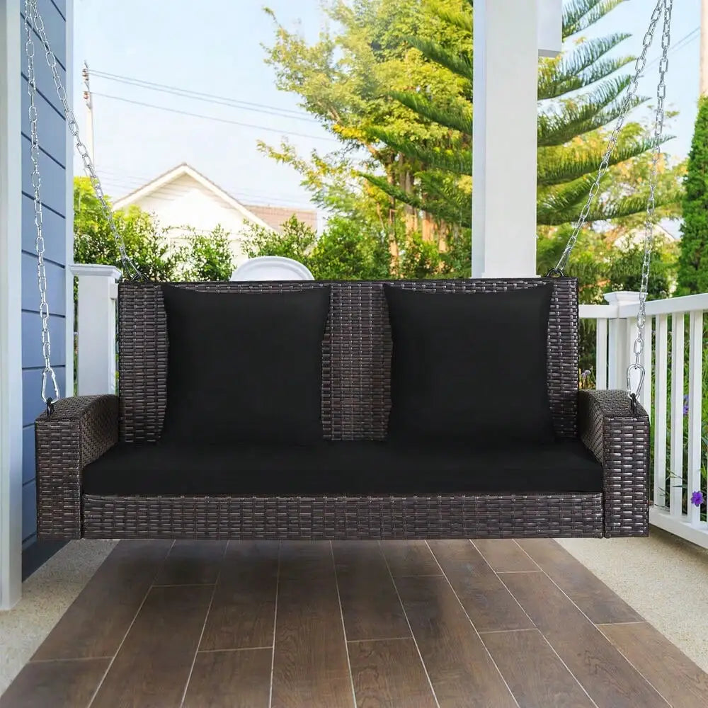 2-Person Patio Rattan Hanging Porch Swing Bench Chair Cushion Black