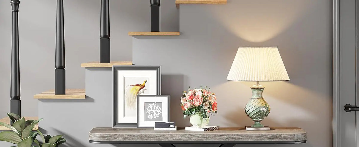 LITTLE TREE Industrial Console Table, 40 inch Narrow Entryway Foyer Table with Geometric Base, Accent Table for Living Room