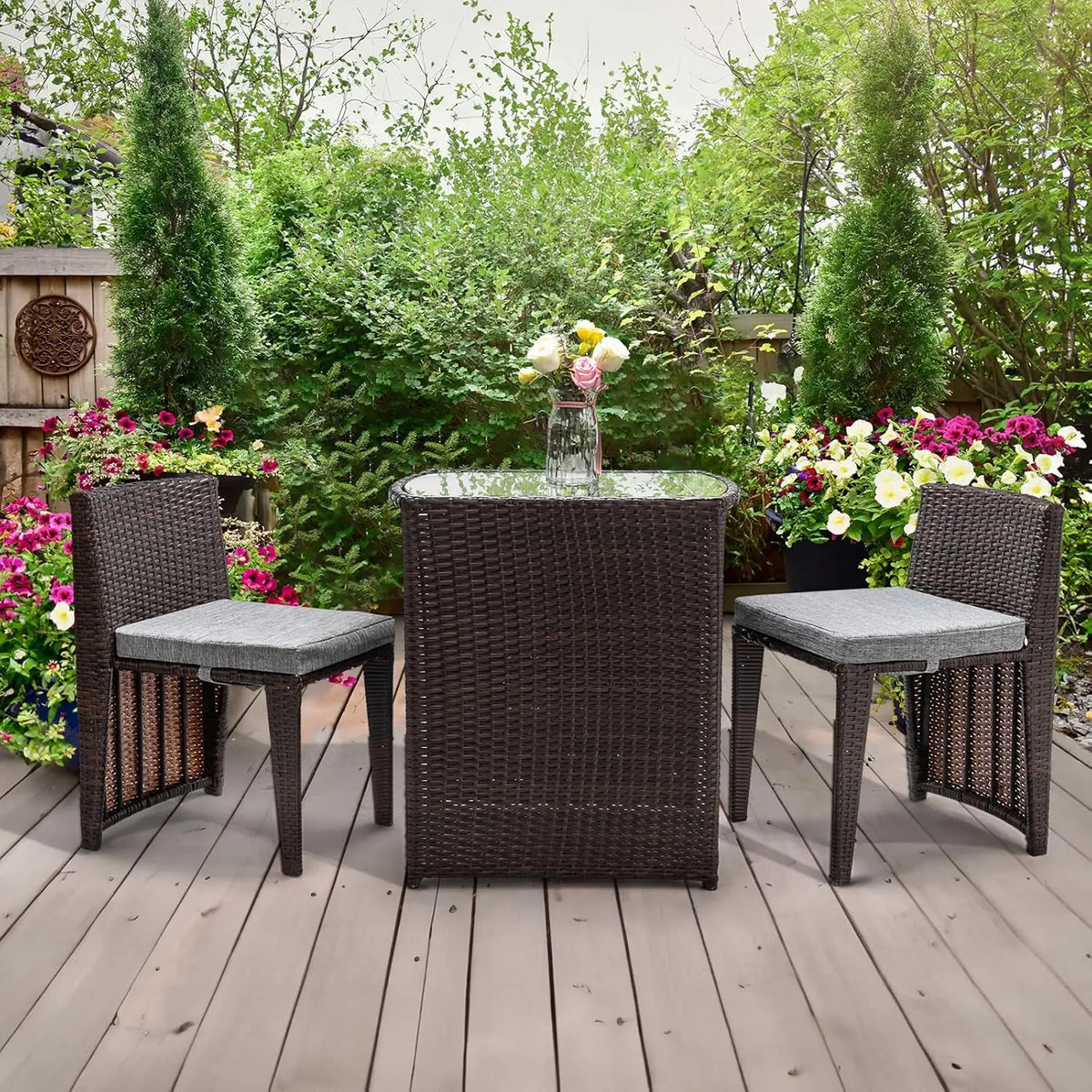 [Limited Time Offer, Today Only!]3 PCS Wicker Outdoor Patio Bistro Set, Patio Furniture Set for Small Space with Glass Top Table