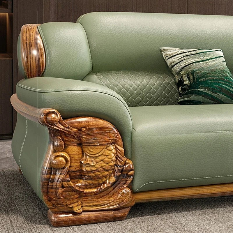 European ebony leather sofa large apartment luxury villa home living room new Chinese furniture solid wood carved fish