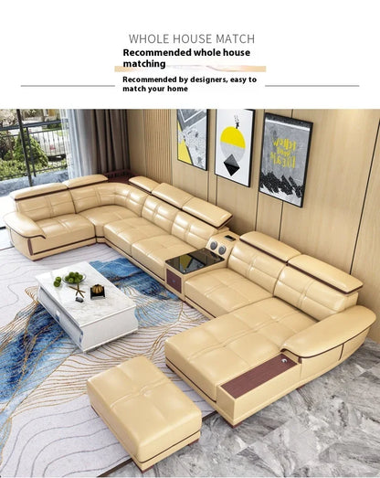 Modern Italian Genuine Leather Sofa for Living Room with Cup Holder, USB, Adjustable Headrests & Bluetooth Speaker - Linlamlim