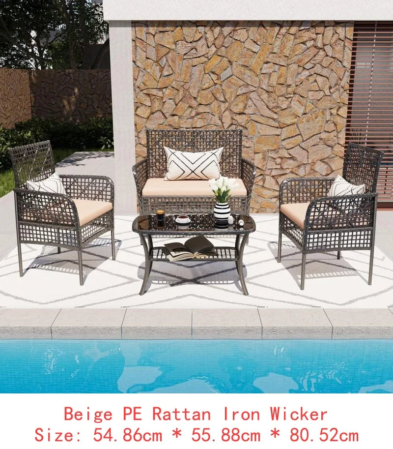 4-Piece Outdoor Patio Furniture Set, PE Rattan Wicker Garden Chairs with Tempered Glass Table & Soft Cushions for Backyard,