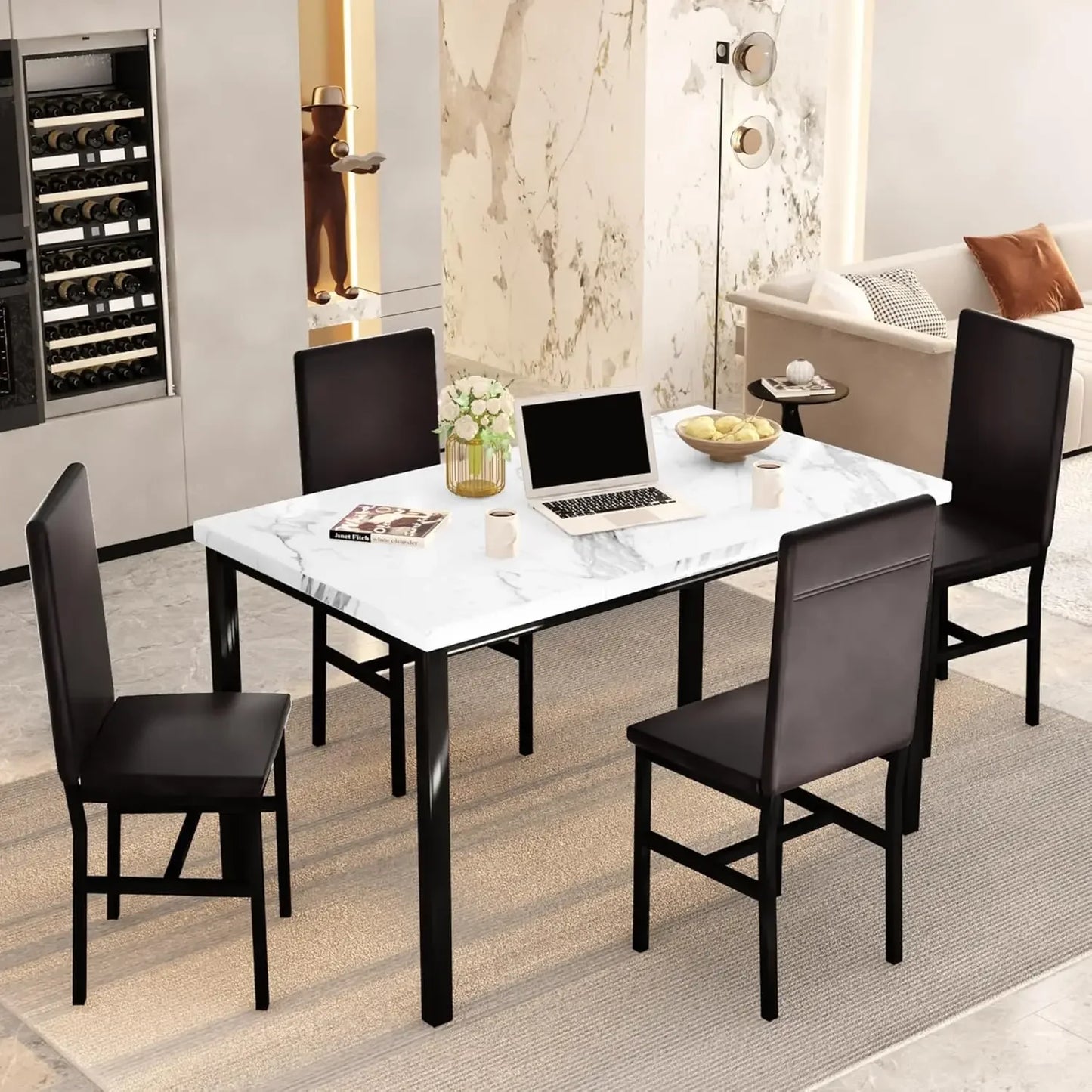 [Discounted Price!]Dining Table Set for 4, Modern Kitchen & Dining Room Sets Faux Marble Table with 4 Leather Chairs for Small S