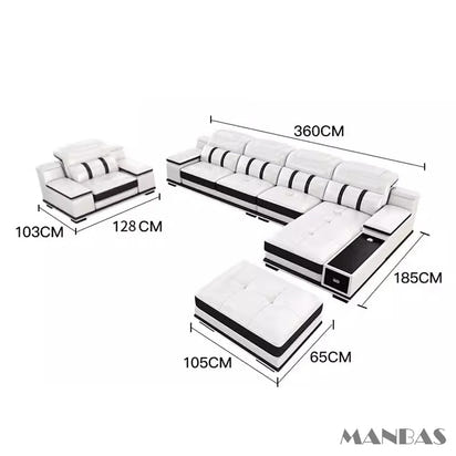 Modern Genuine Leather Sofa Living Room By MANBAS - Stylish Italian Couch with Bluetooth Speaker, USB & Adjustable Headrests