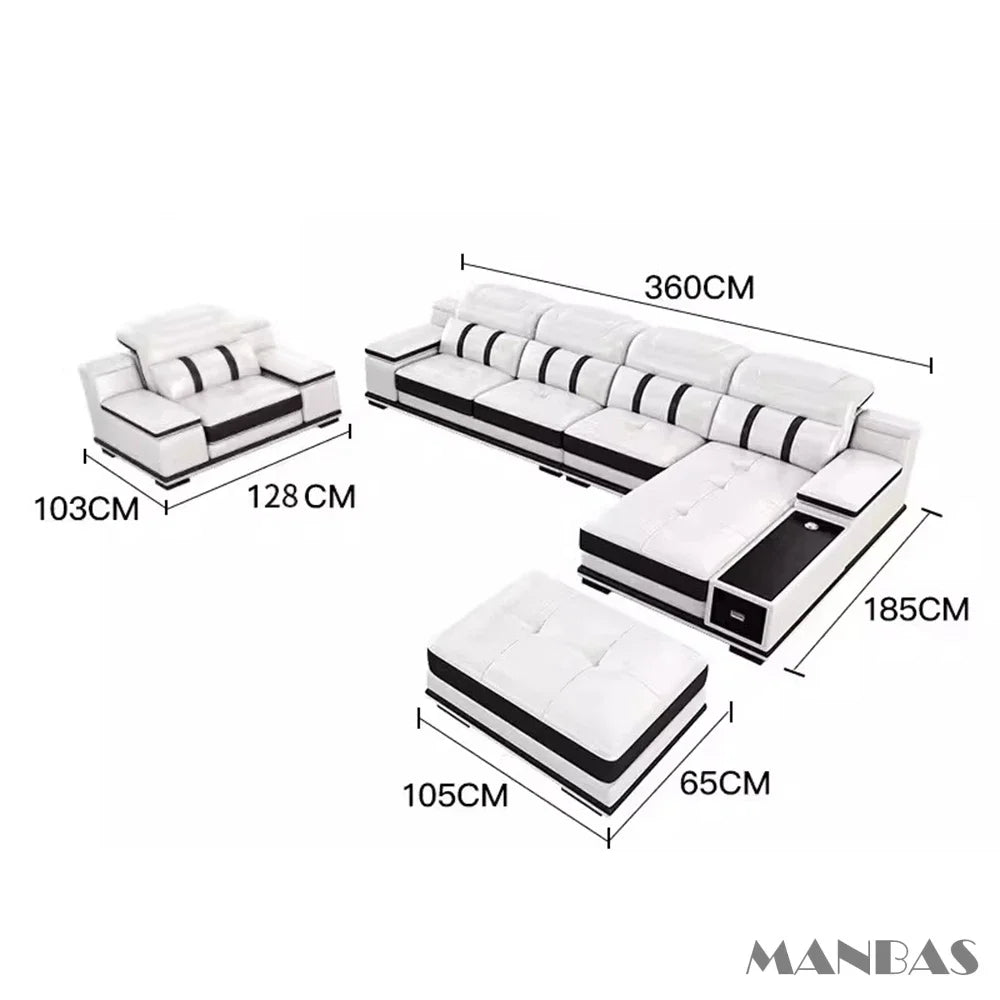 Modern Genuine Leather Sofa Living Room By MANBAS - Stylish Italian Couch with Bluetooth Speaker, USB & Adjustable Headrests