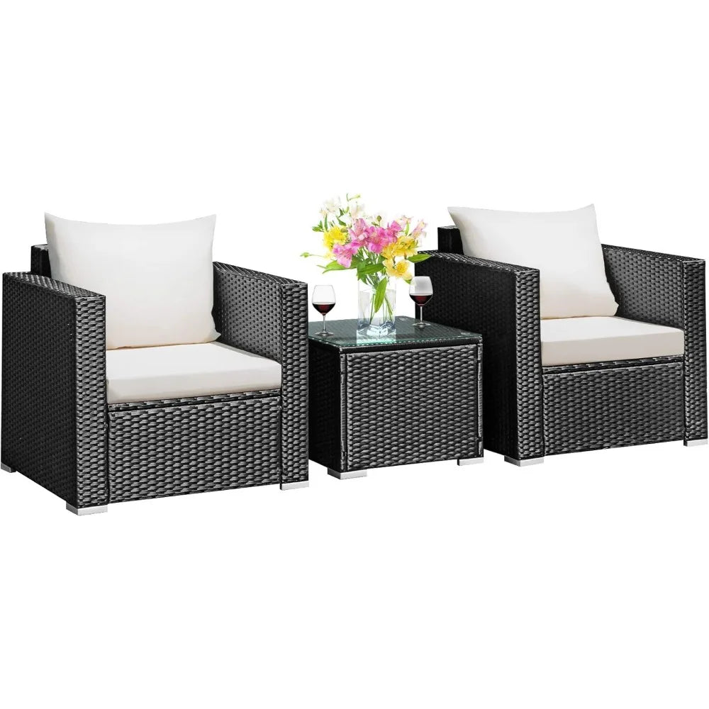 3-Piece Outdoor Patio Furniture Set, Cushioned Armchairs and Tempered Glass Coffee Table, Wicker Rattan Sofa Set for Gar