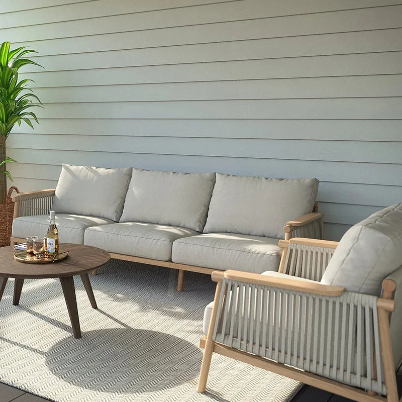 Outdoor sofa courtyard open-air garden villa waterproof and sunscreen leisure rope braided teak outdoor bed and breakfast sofa