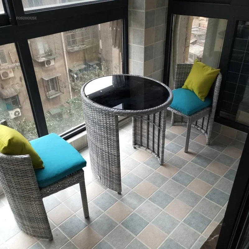 Nordic Rattan Garden Furniture Set Three-piece Courtyard Terrace Outdoor Round Table and Chairs Patio Leisure Table and Chairs X