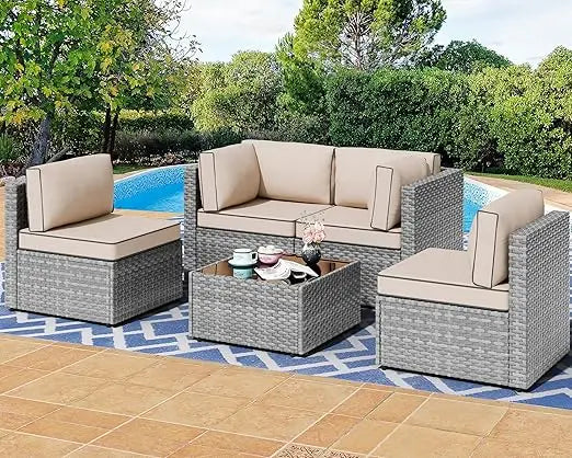 7 Pieces Outdoor Patio Sectional Sofa Couch, Silver Gray PE Wicker Furniture Conversation Sets with Washable Cushions & Glass C