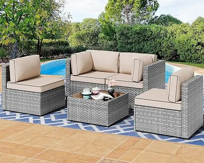 7 Pieces Outdoor Patio Sectional Sofa Couch, Silver Gray PE Wicker Furniture Conversation Sets with Washable Cushions & Glass C