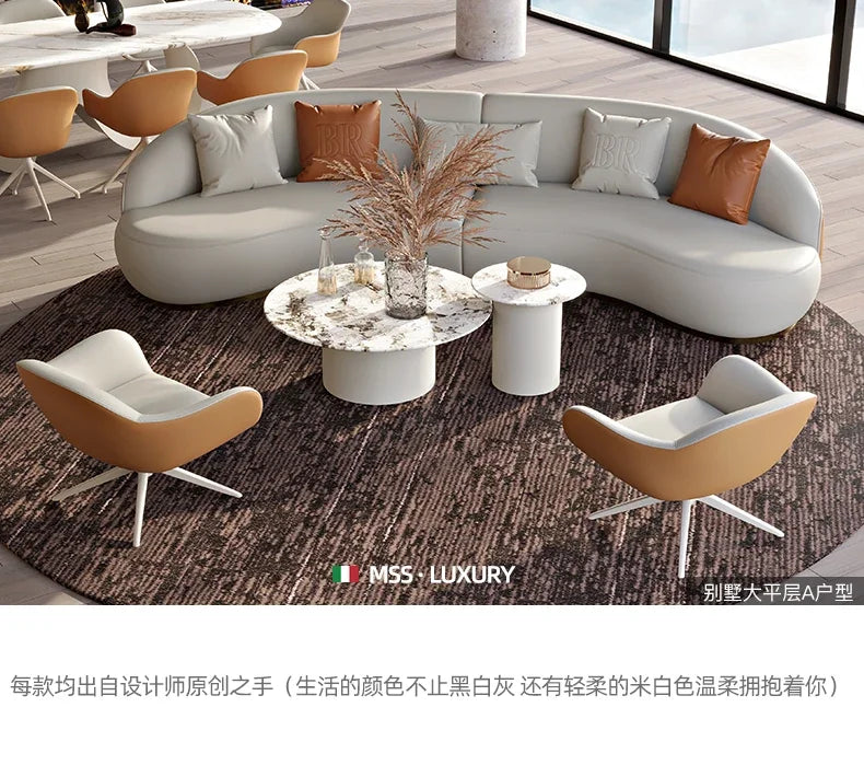 Two-color U-shaped villa leather sofa, modern light luxury semi-curved sofa