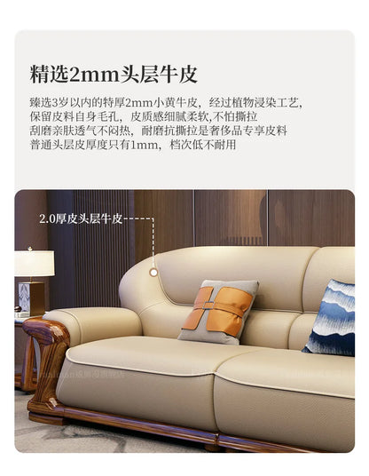 TQQ new Chinese ebony sofa villa large flat solid wood sofa high-end living room furniture leather sofa