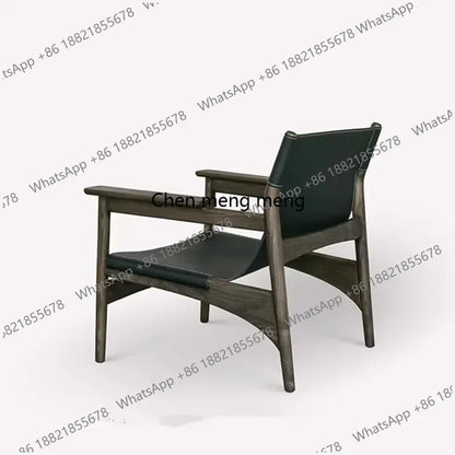 A178  High-end Leather Chair, Danish Leisure Single Back Chair, Solid Wood Saddle Leather Armchair, Home Balcony Leisure Chair