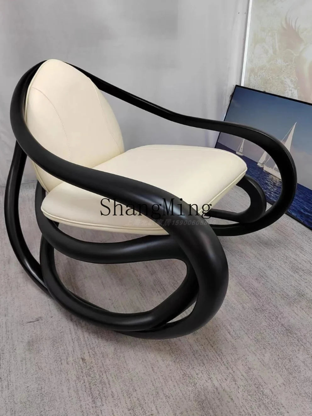 FG black walnut leather balcony lazy chair villa living room leisure solid wood rocking chair