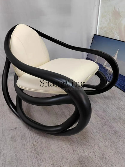 FG black walnut leather balcony lazy chair villa living room leisure solid wood rocking chair