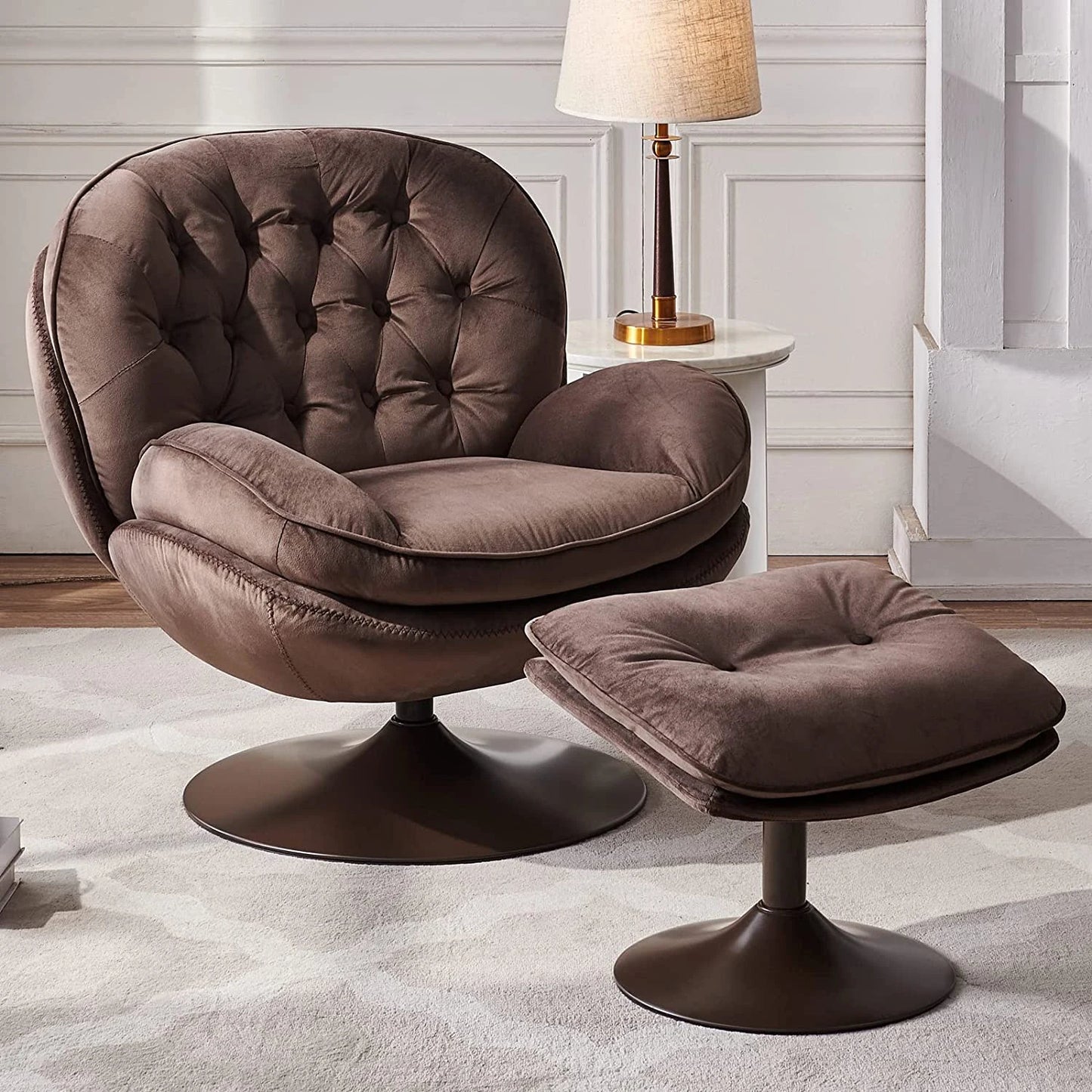 Velvet Swivel Armchair Set with Ottoman for Living Room - Modern Tufted Accent Chairs with 360° Swivel & Footrest - Comfy Chais