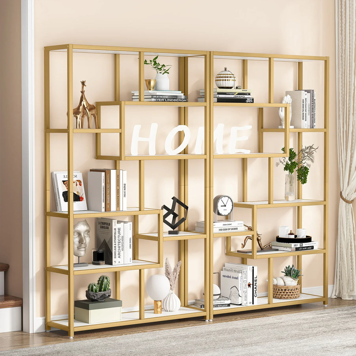 Tribesigns Bookshelf Bookcase, Gold 8-Open Shelf Etagere Bookcase with Faux Marble, Modern Book Shelves Display Shelf
