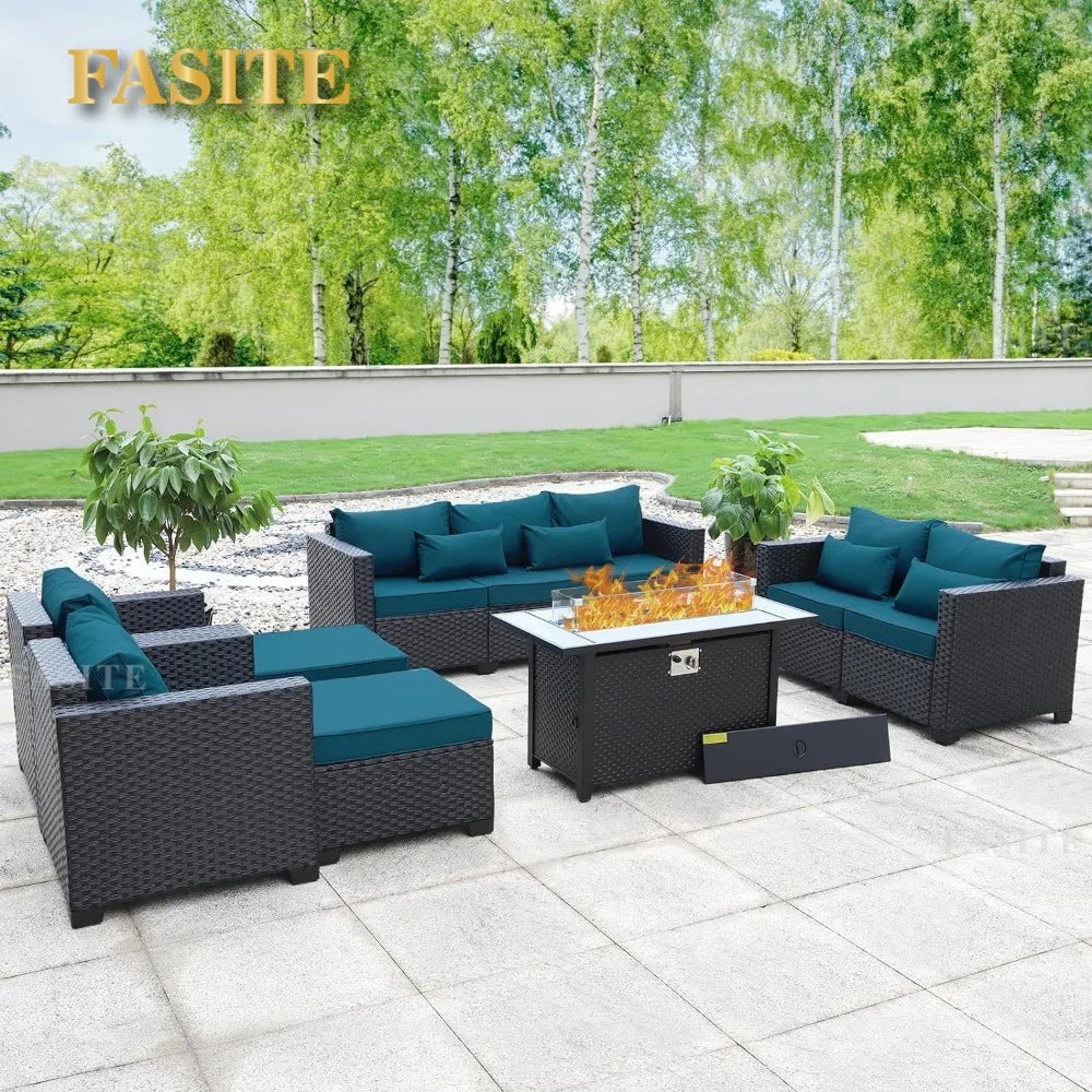 patio furniture set 45 inch outdoor fire pit 7 pieces outdoor furniture set patio sofa outdoor chair , peacock blue