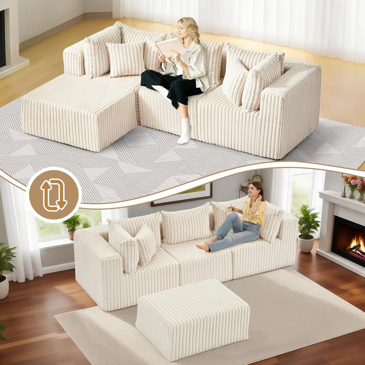 104 Inch Cloud Couch Sectional,Corduroy Boneless Couches For Living Room,L-Shaped Modular Sectional Sofa With Removable Ottoman