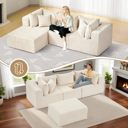 104 Inch Cloud Couch Sectional,Corduroy Boneless Couches For Living Room,L-Shaped Modular Sectional Sofa With Removable Ottoman