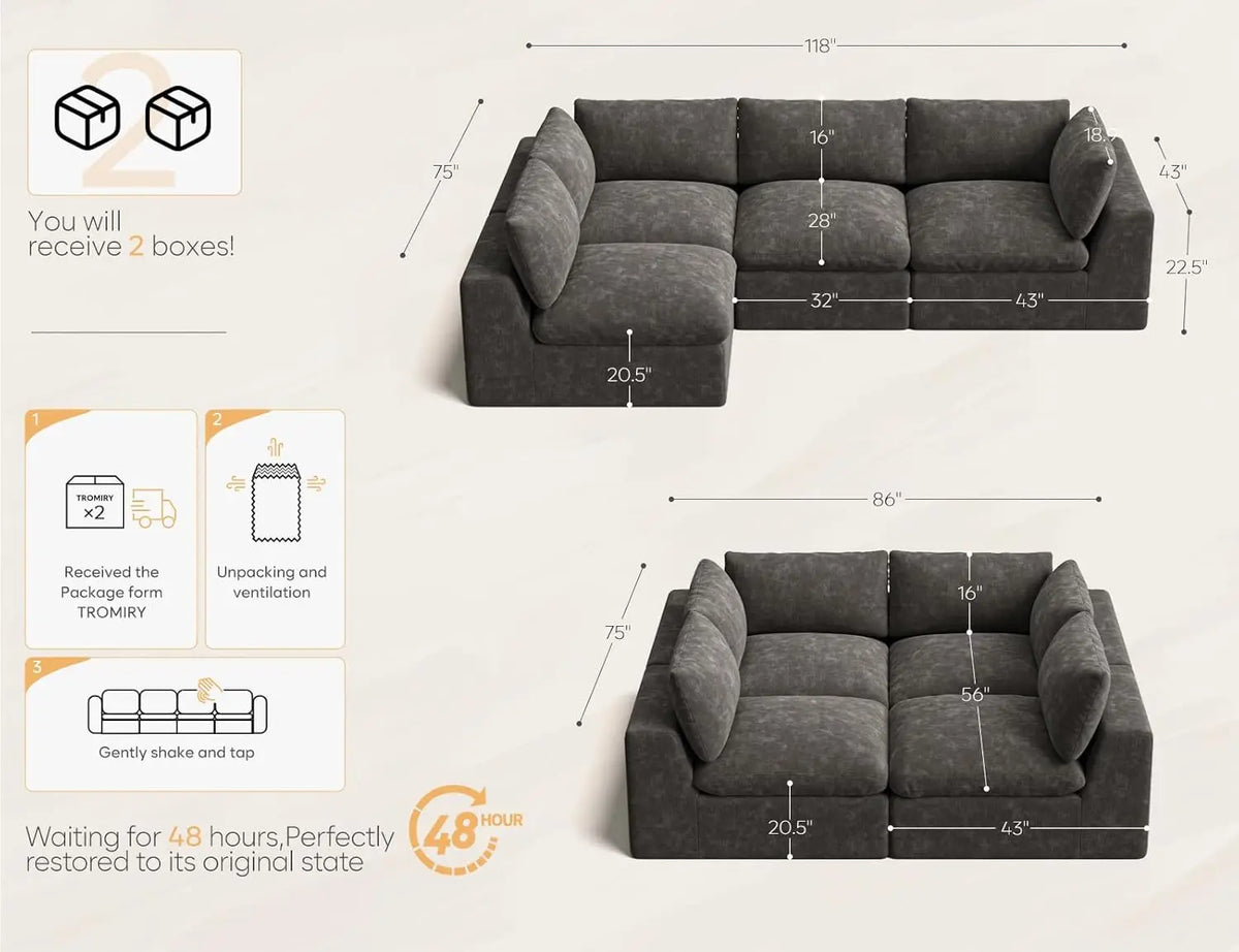 Oversize L-Shape Sectional Sofa 4 Seater Modular Padded Cushion Living Room Dark Grey Customized