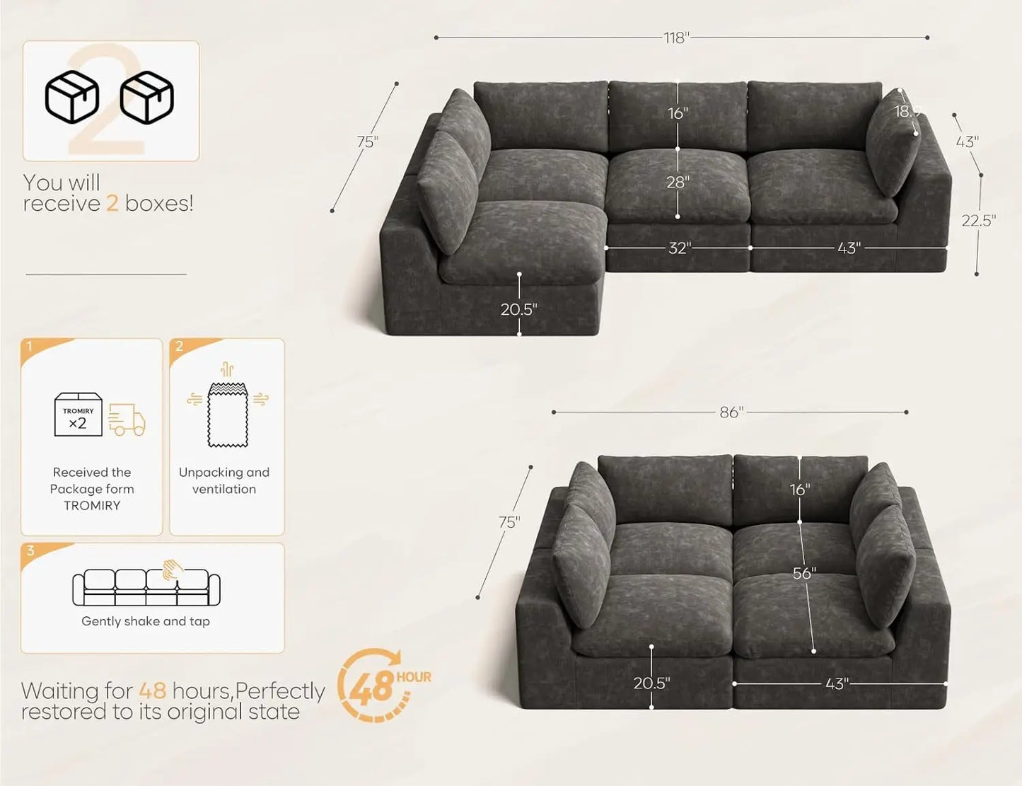 Oversize L-Shape Sectional Sofa 4 Seater Modular Padded Cushion Living Room Dark Grey Customized