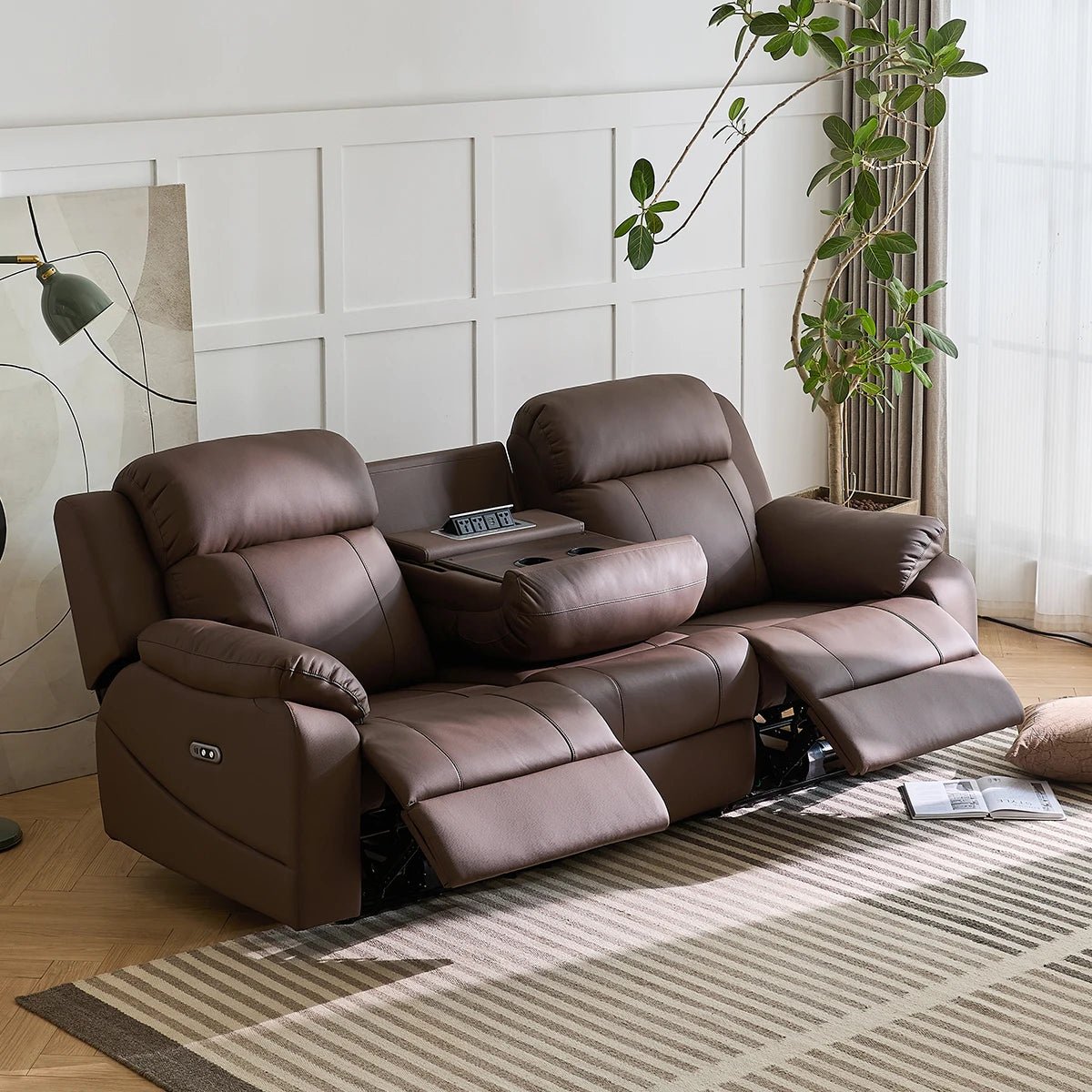 Sofa with Power Outlet, USB, and Hidden Cup Holders – Genuine Leather Recliner