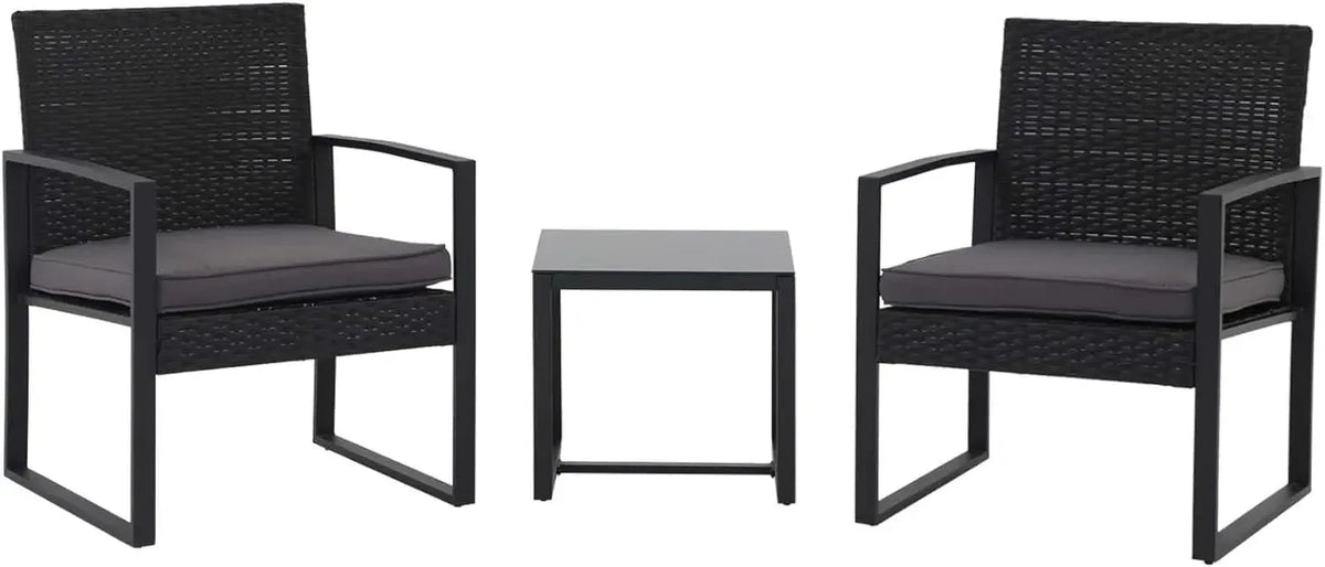 3 Pieces Patio Furniture Set, Outdoor Wicker Bistro Set, Modern Rattan Conversation Furniture with 2 Chairs and Tempered