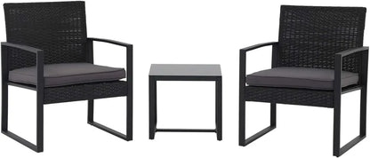 3 Pieces Patio Furniture Set, Outdoor Wicker Bistro Set, Modern Rattan Conversation Furniture with 2 Chairs and Tempered