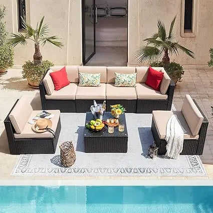7 Pieces Outdoor Sectional Sofa Patio Furniture Sets Manual Weaving Rattan Patio Conversation Sets with Cushion and Glas