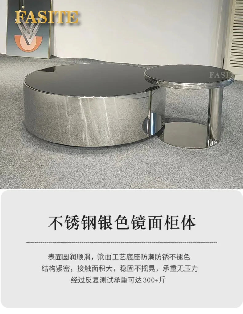 Italian mirror coffee table stainless steel small apartment tempered glass round combination design sense living room home