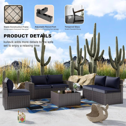 6PCS Outdoor Patio Furniture Set PE Wicker Rattan Sectional Sofa Patio Conversation Sets, Customized